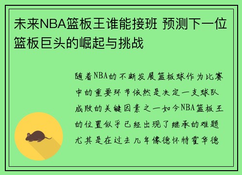 未来NBA篮板王谁能接班 预测下一位篮板巨头的崛起与挑战