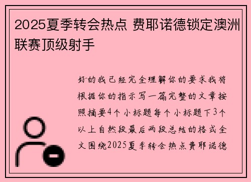 2025夏季转会热点 费耶诺德锁定澳洲联赛顶级射手