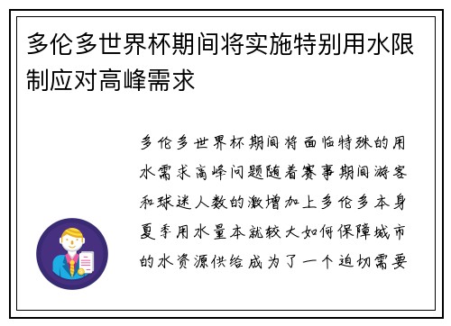 多伦多世界杯期间将实施特别用水限制应对高峰需求