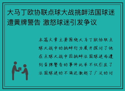 大马丁欧协联点球大战挑衅法国球迷遭黄牌警告 激怒球迷引发争议
